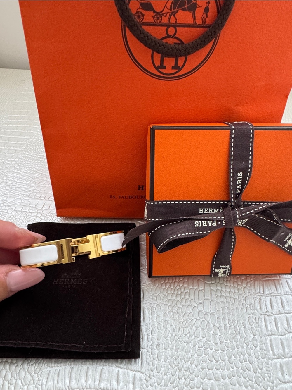 Hermès White Enamel Clic H Bracelet with Gold Hardware